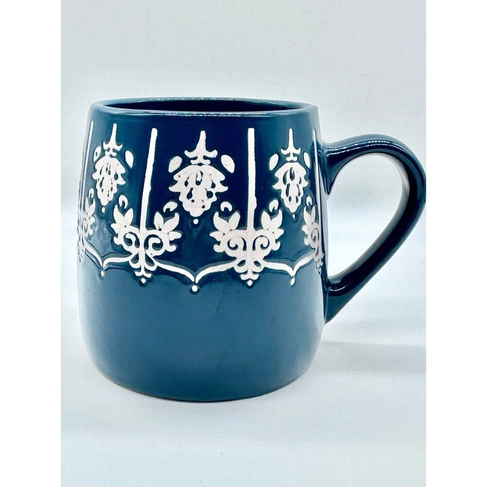 Fabulous Home Filigree Embossed Teal Blue Green White Coffee Mug Cup - Picture 3 of 8